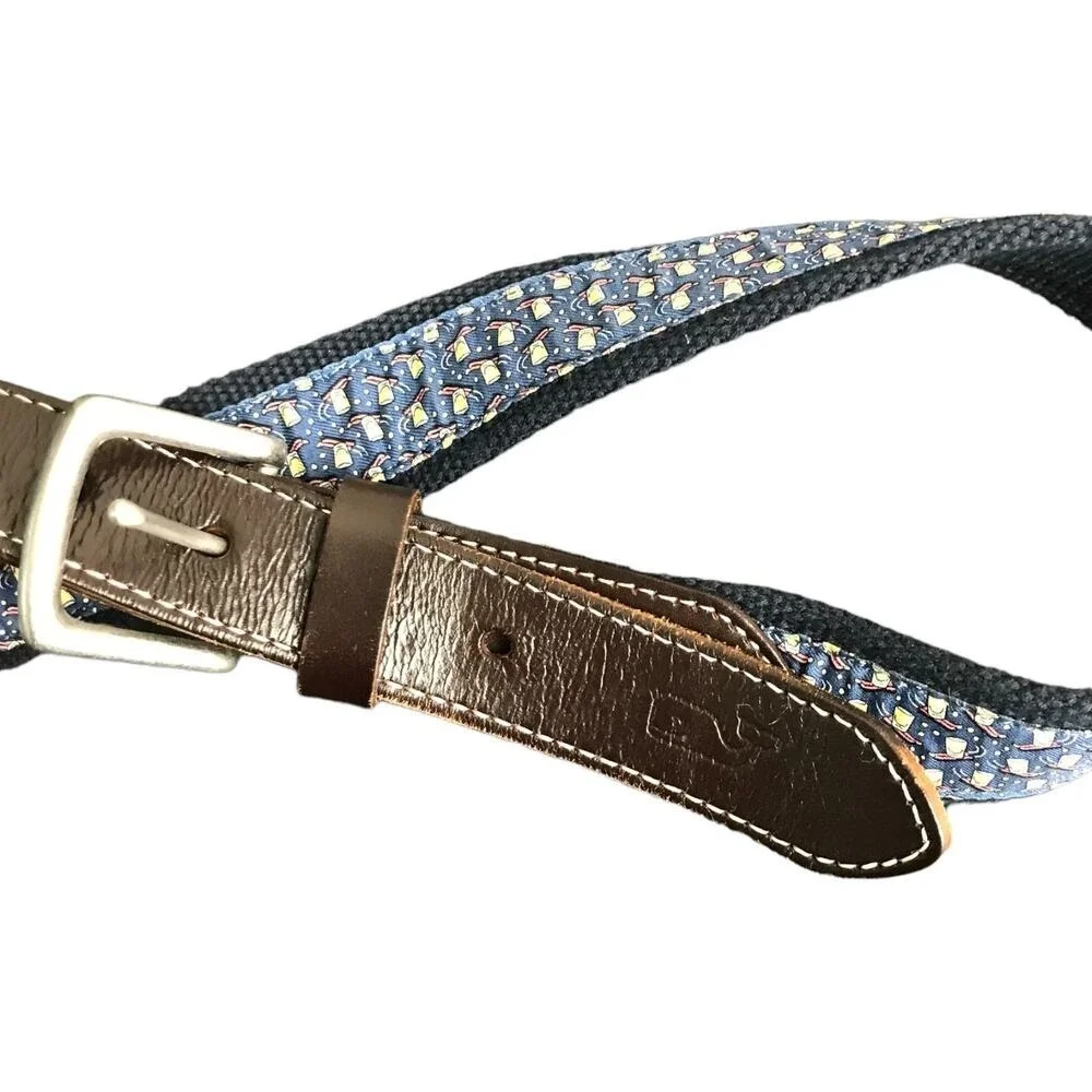 Vineyard‎ Vines Belt Mens 32 Navy Cocktail Sled Silk Canvas Club Leather Trim